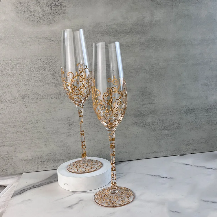 Handmade 200ml Gold Paintings Pattern Champagne Flutes Wedding Glasses Goblet