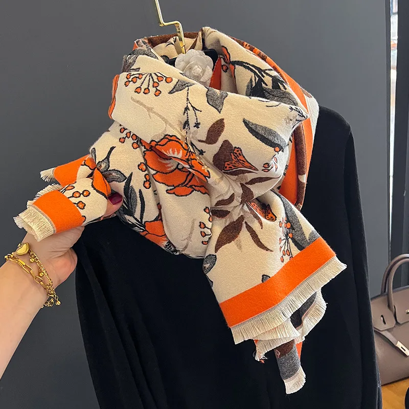 Manufacturer luxury winter warm thick cashmere scarf women stylish Flower pattern designer winter cashmere shawls pashmina scarf