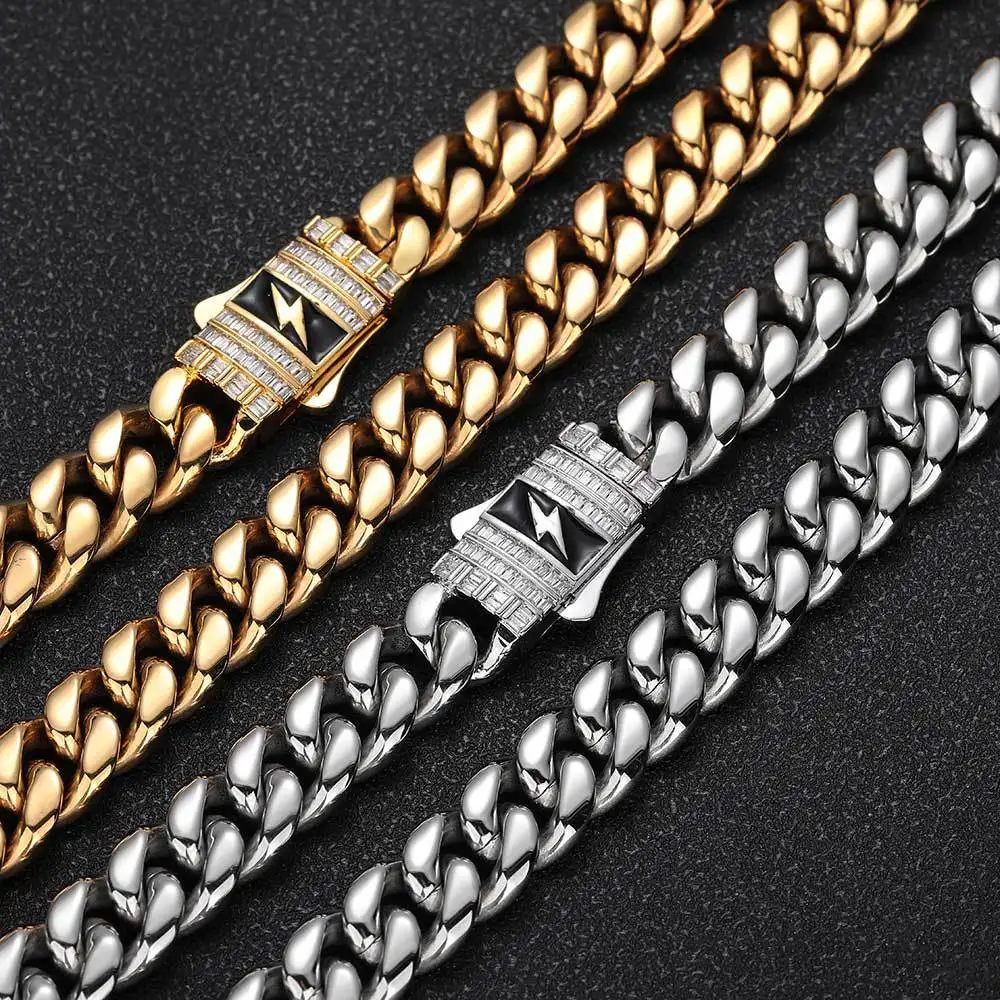 Хип-хоп ювелирные изделия ожерелья из нержавеющей стали 18K позолота 6 мм 8 10 12 14 16 18 Мужской Циркон Пружинная Застежка кубинская цепь