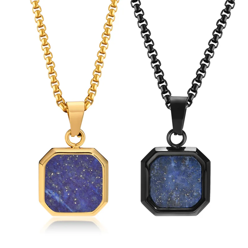 Fashion jewelry men square turquoise stone pendant necklaces acrylic 18k gold plated stainless steel shell charms necklace