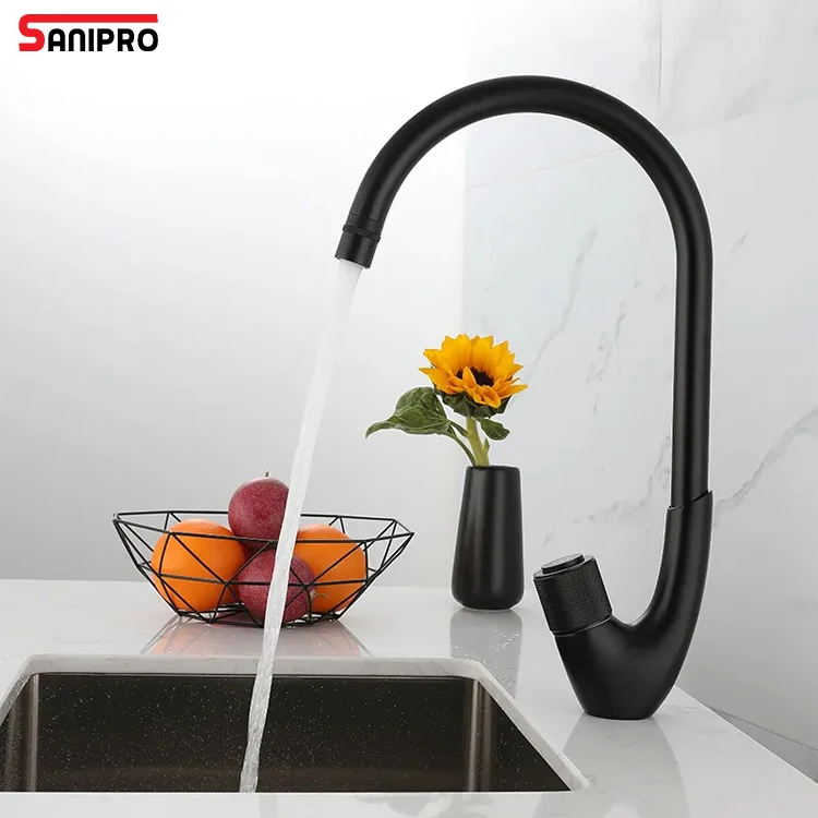 SANIPRO New Modern Design Luxury Boost Pressure Rotate 360 Sink Tap Black Brushed Brass Kitchen Faucet with Flow Control Sprayer