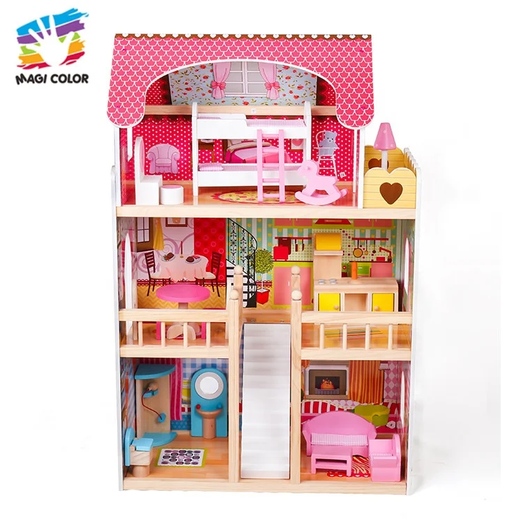 
Ready To Ship best design miniature pink girl wooden doll house for pretend play W06A163C 