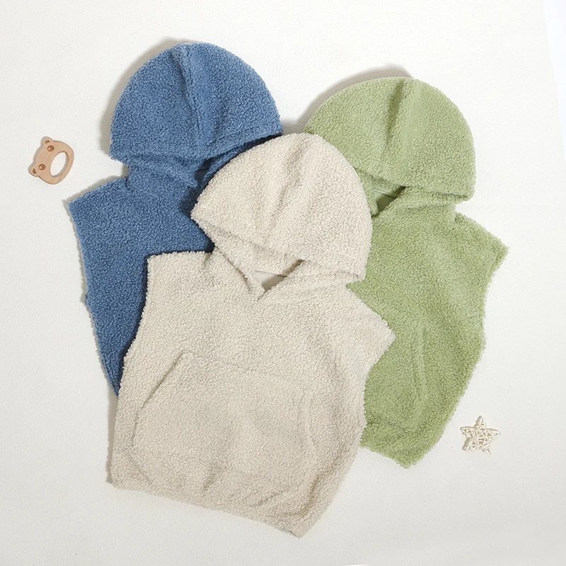 Fashion Trend Winter Teddy Velvet Children Coat Kangaroo Pocket Hooded Girl Cloak Windproof Sleeveless Fleece Baby Top