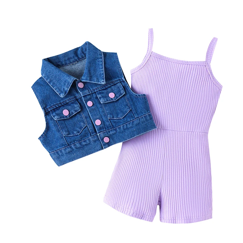 Latest Kids Sets Summer Girls Clothing Denim Vest and Solid Color Sleeveless Jumpsuit 4-7 Years Girls Clothes
