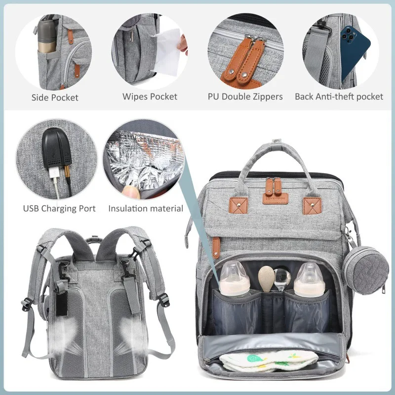 7 in1 Functional Custom Luxury Folding Wet Tote Nappy Mommy Bag Waterproof Mummy Baby Diaper Bag Backpack With Changing Station