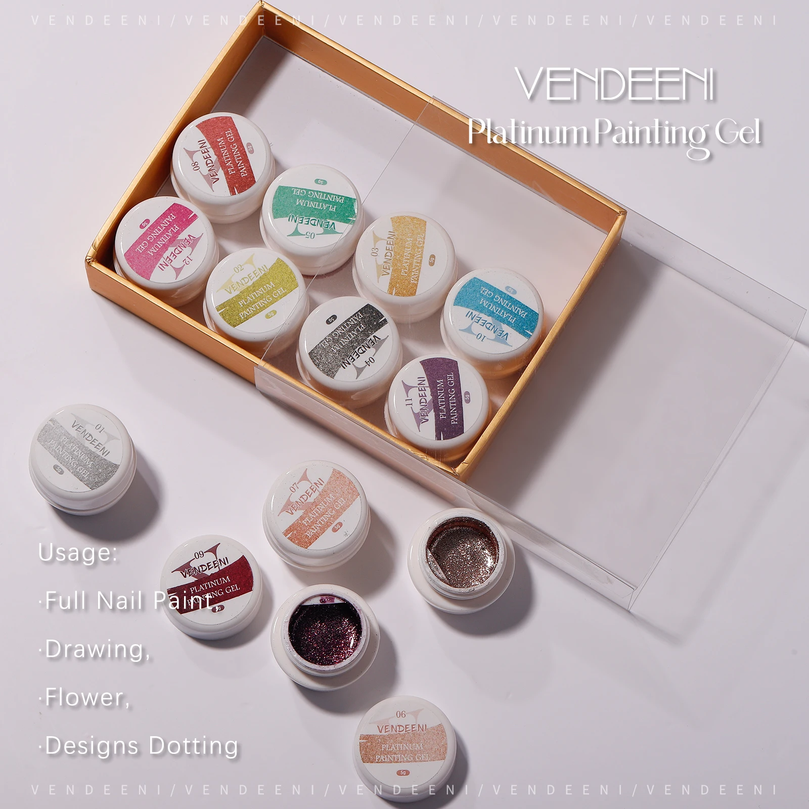 Vendeeni Private Label New Arrival Nail Art Product Soak Off Nail Painting Gel Polish Artistic Platinum Painting Gel