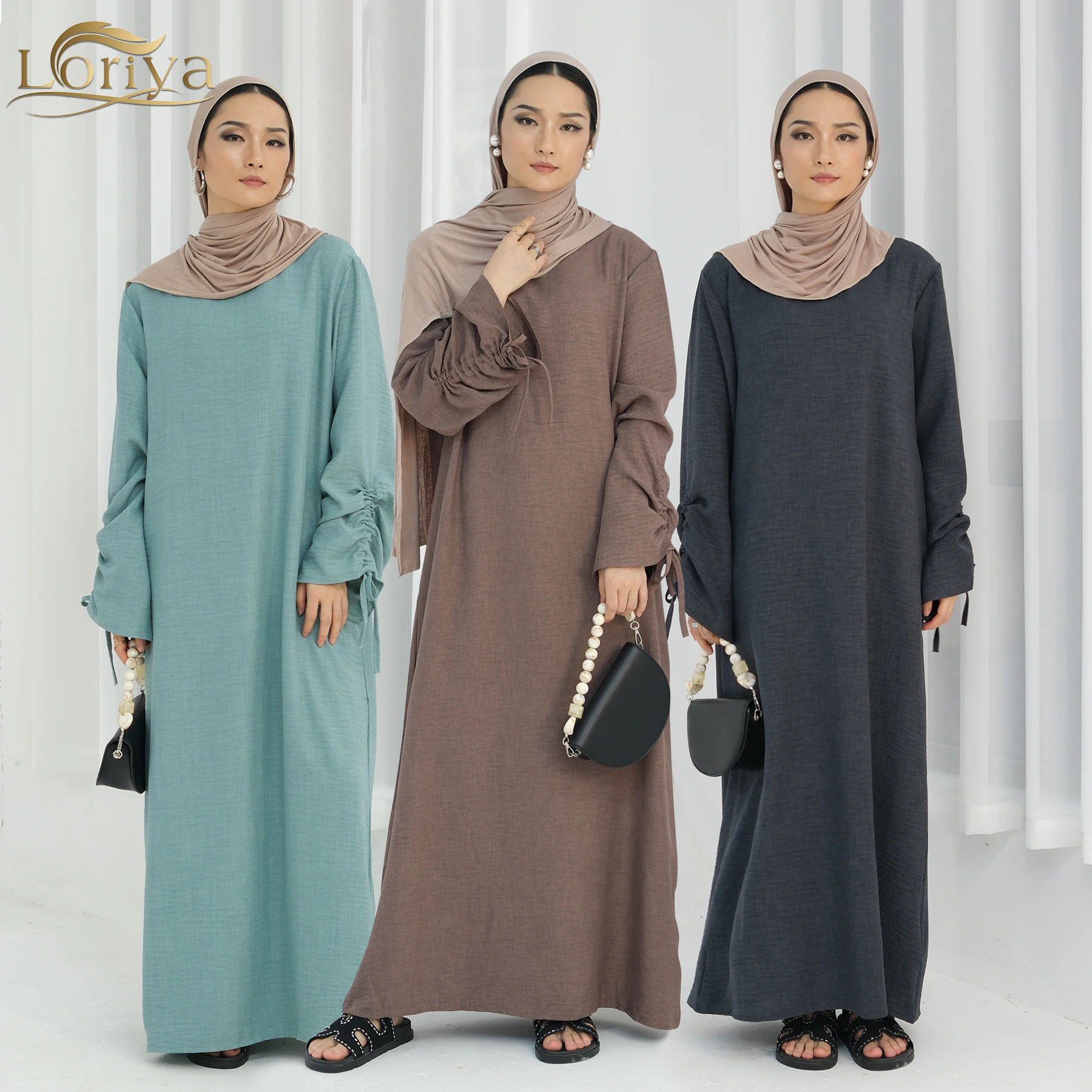 Loriya New Daily Wear Plain Abaya Drawstring Sleeve Modest Abaya Women Muslim Dress Islamic Clothing Women Closed Abaya Robe