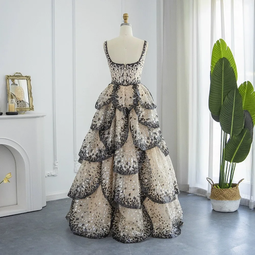 S0855R 2025 new tube top sexy black nude sequin layered ruffled suspender long dress evening dress