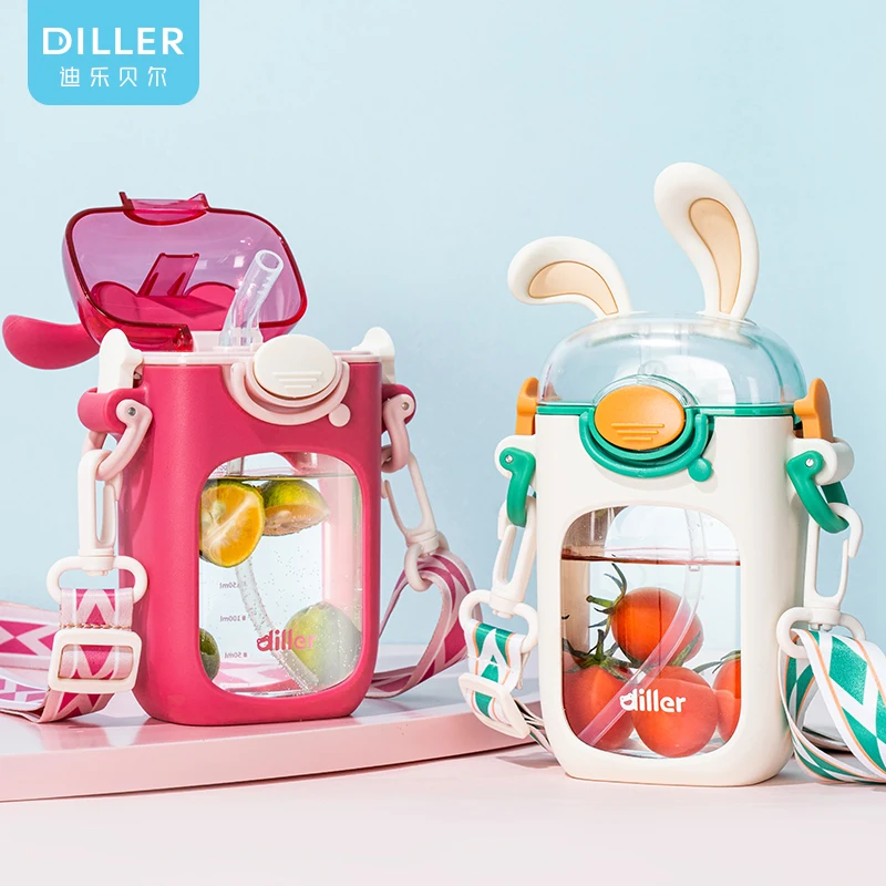 Wholesale Lovely Rabbit Kids Water Bottles Tritan BPA Free Plastic Straw Water Flask With Strap