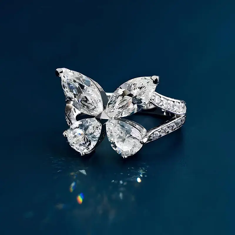 Jewelry Designer Rhodium Plated 925 Sterling Sliver Marquise Pear Cut Cubic Zirconia Butterfly Ring For Women