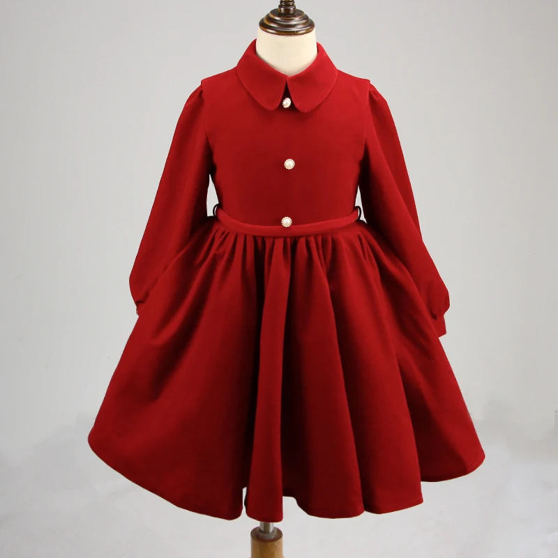 Solid color Long sleeve Birthday Party A-Line Dresses Bow Flower girls velvet dress