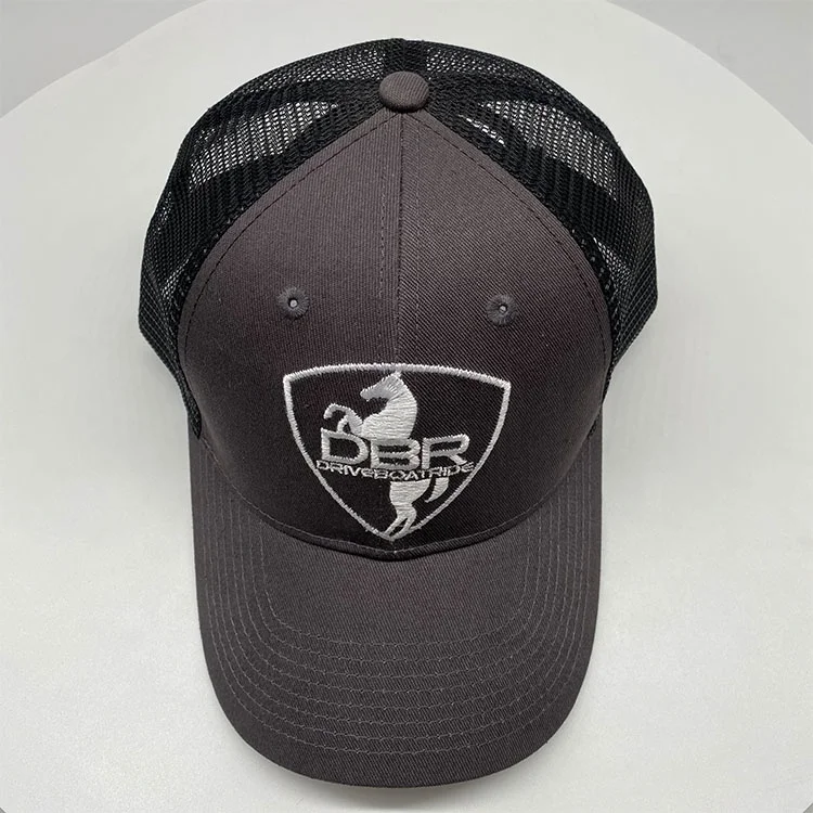 Summer custom 6 panel curved brim trucker cap with normal embroidery black and grey trucker hat for sports