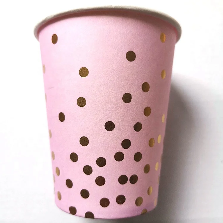 2022 disposable pink gold dot tablecover paper cups paper plates paper straw napkins party tableware set with custom packing