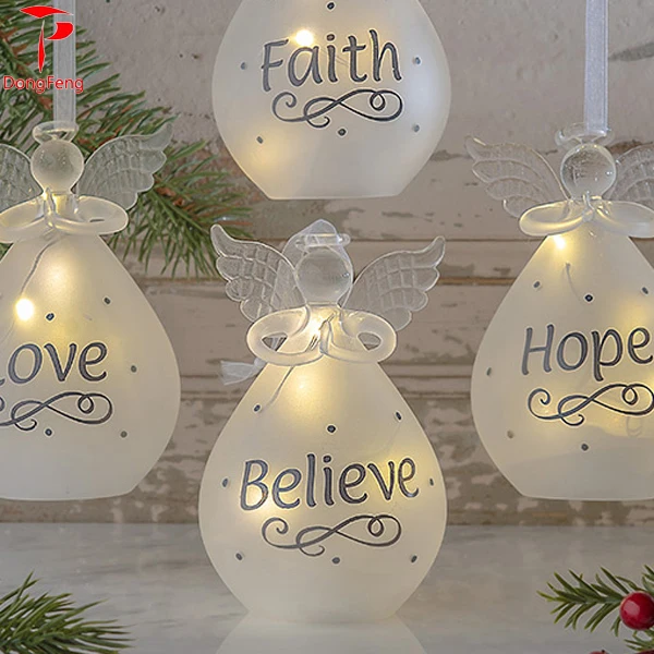 Wholesale Christmas Decoration Glass Angel Crystal White Glass Christmas Angel Ornament with LED Light