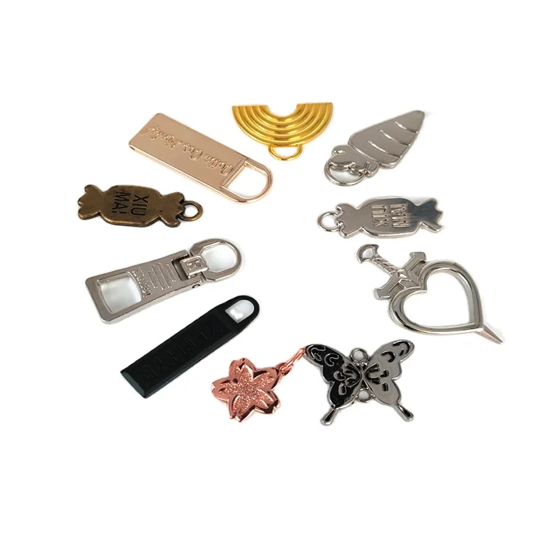 Oem Sizes Shoe Bag Garment Accessories Backpack Jacket Metal Zipper Slider Customized Embossed Logo Metal Zipper Puller