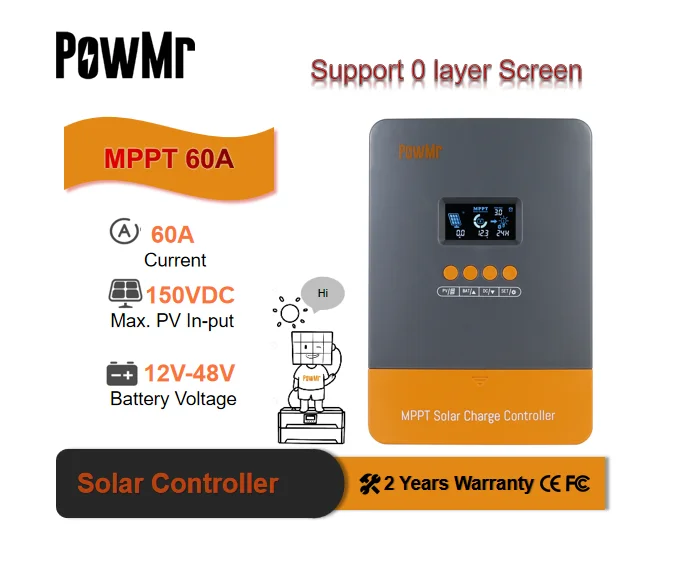 PowMr 12-48V 60A MPPT regulators solar Max PV Input 150V Solar Charge Controller for Lithium/AGM/Gel Battery