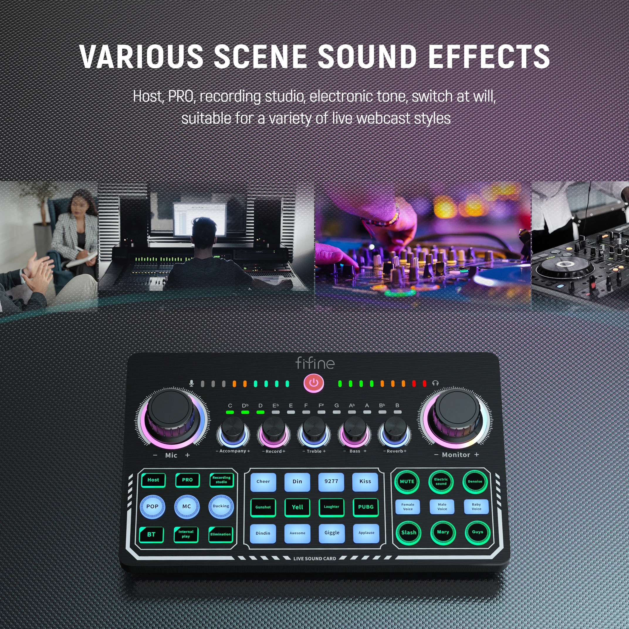 Fifine All In One Podcast Equipment Audio Interface Sound Card Audio Mixer XLR Podcast Microphone Monitor Headphone Soundcard