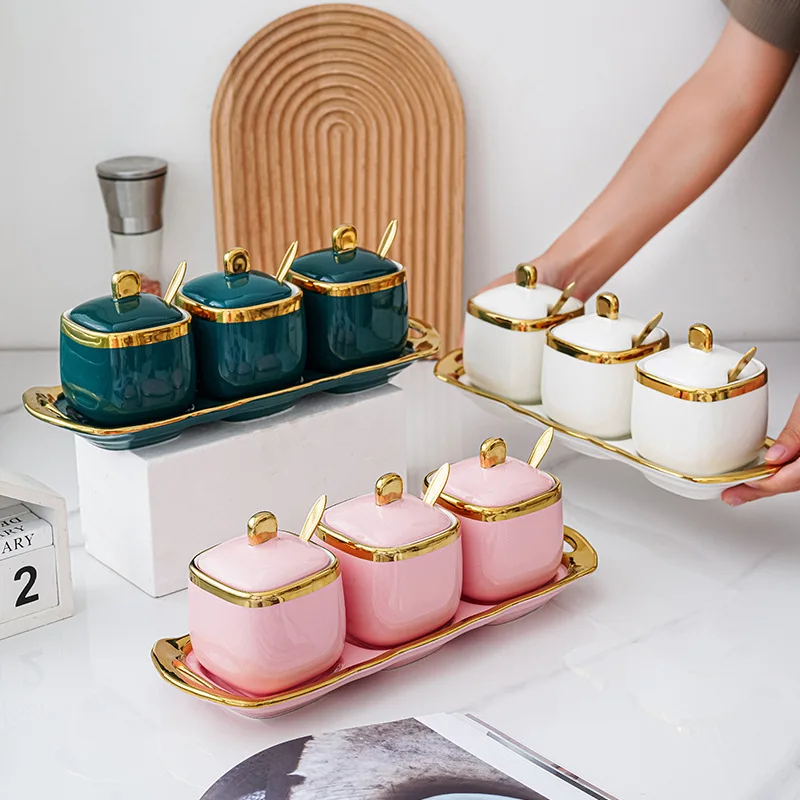 Kitchen Accessories Condiment Storage Series Luxury Ceramic Seasoning Pot For Salt Pepper Spice Sugar Jar
