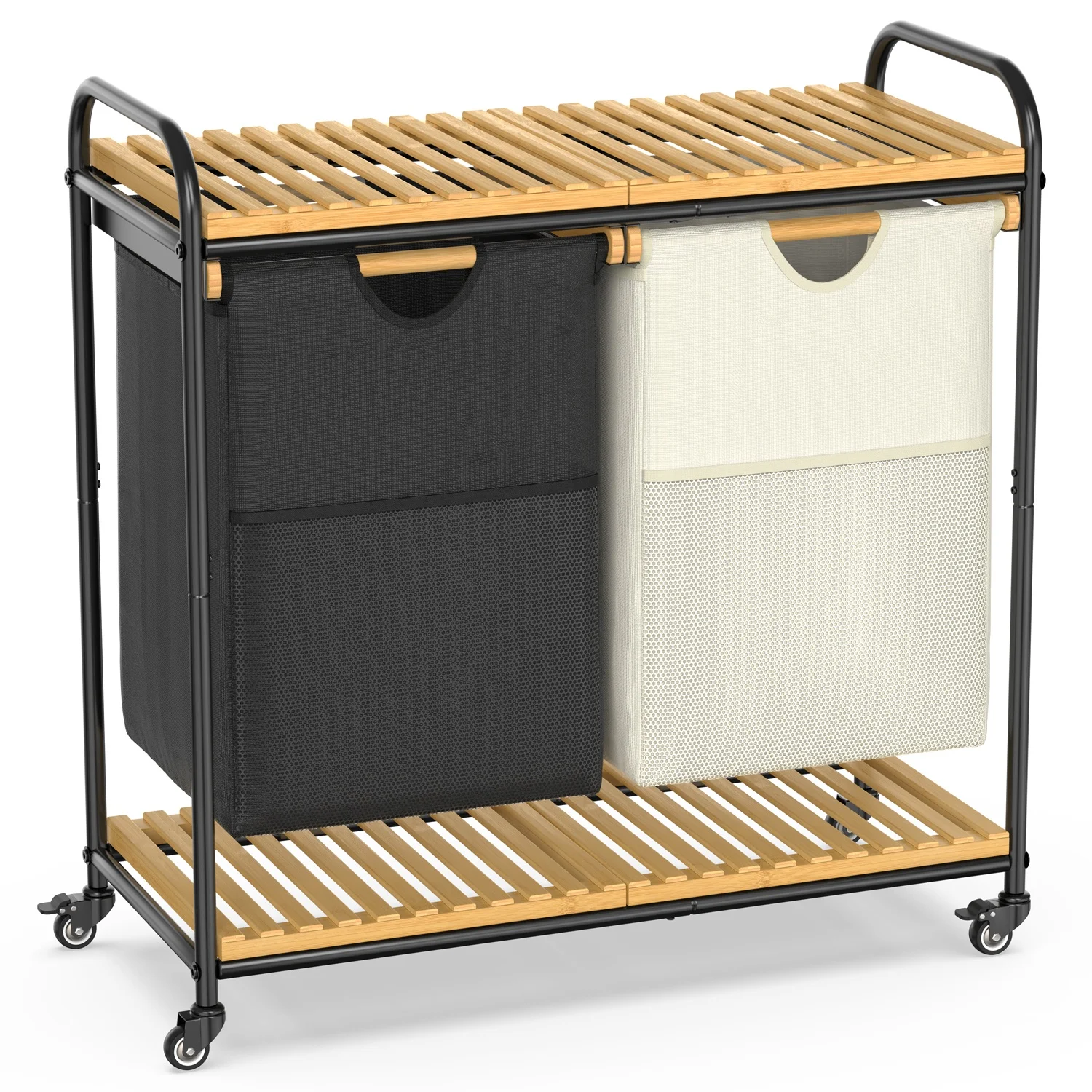 Bamboo Laundry Basket With Wheels Tall Laundry Sorter With 2 Pull Out Removable Bags and Shelves Bamboo Rolling Laundry Hamper