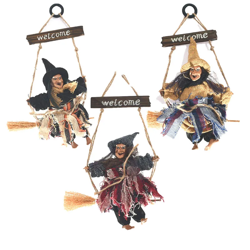 Hot Sale Halloween Pendant Ornaments Ghost Doll Horror Scary Hanging Decoration Flying Witch Broom