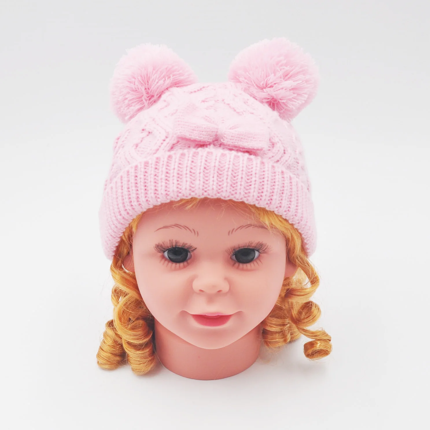 Funny Baby Knit Cute Cap With Pompoms Polar Fleece Lining Children Beanie Girl Baby Winter Hat