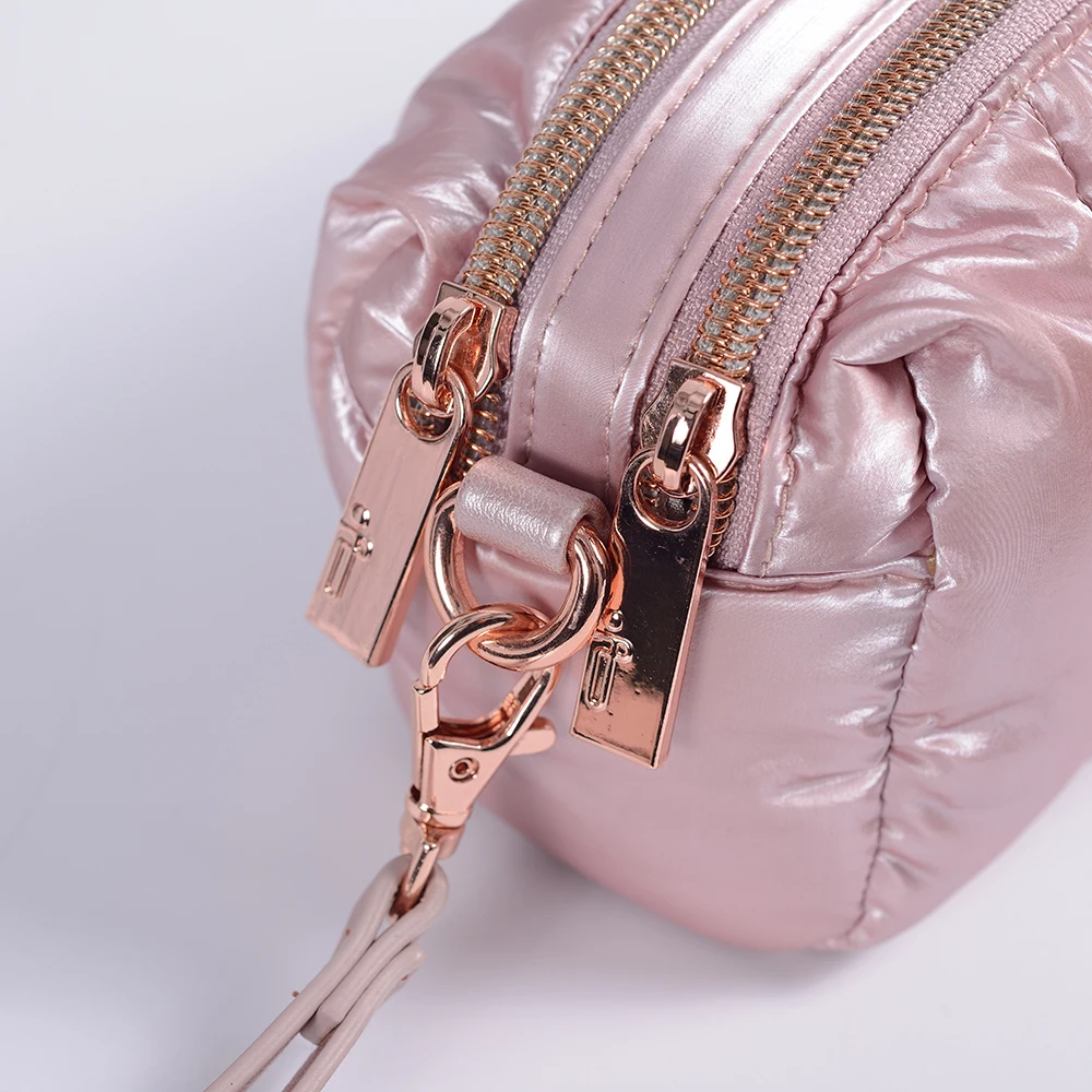 female small size handbag rose pink luxury color shining fabric zipper handbag 2 separate compartment metal buckle