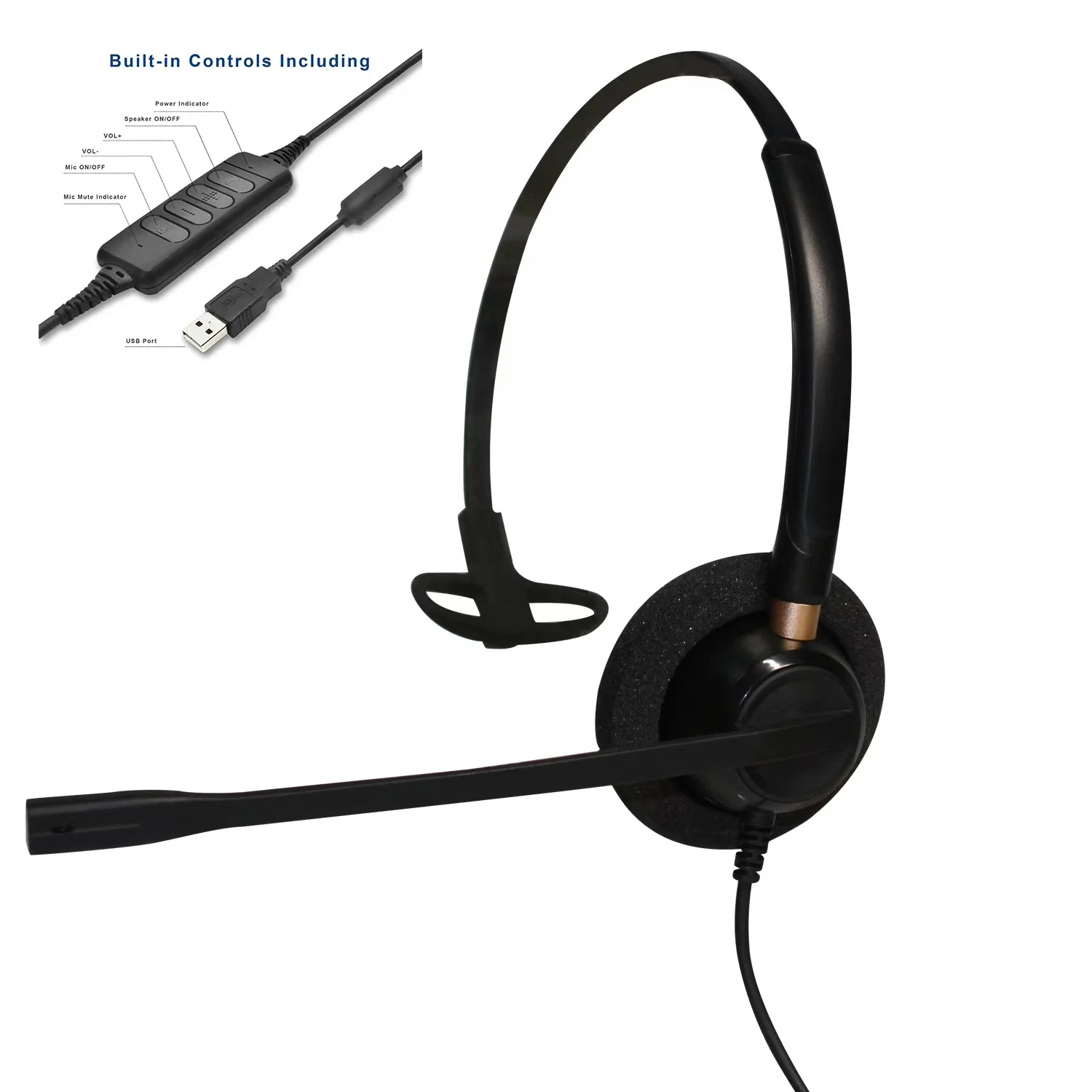 Компьютерная USB-гарнитура для колл-центра с шумоподавляющим микрофоном регулировкой громкости и переключателем