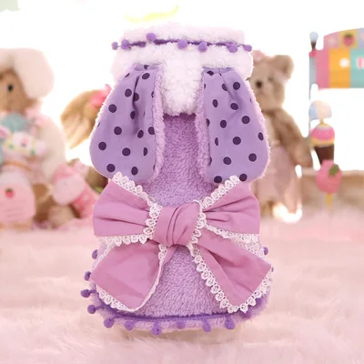 Pet dog Winter fleece Clothes Overcoat bowknot dog cute soft rabbit with long ear hoodies