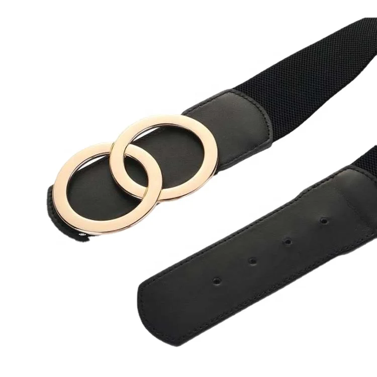 Custom Fashion Gold Double O-Ring Buckle Wide Stretch Elastic Leather Women Waist Belts