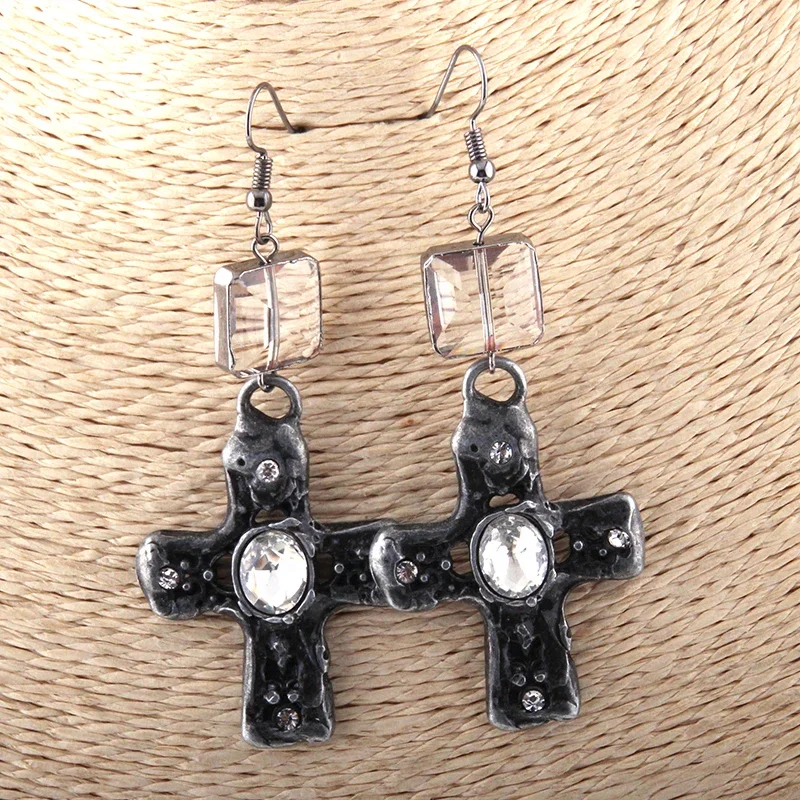 JH Wholesale Vintage Simple Design Retro Square Crystal Glass Beads Alloy Cross Earring