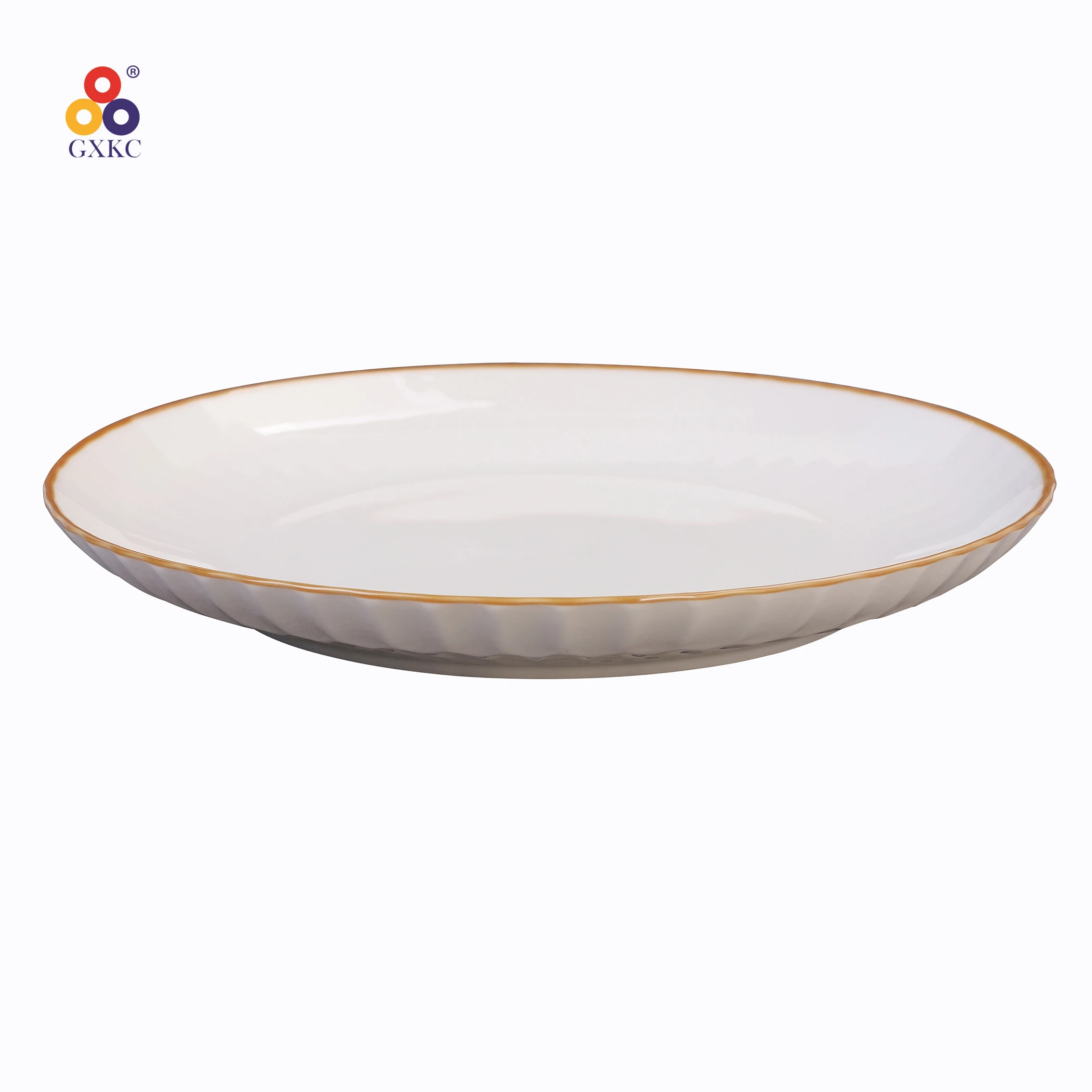 Sanhuan White Glossy Surface Porcelain Emboss Dinner Plate with Brown rim Ceramic Party Dinner Dishes Plates