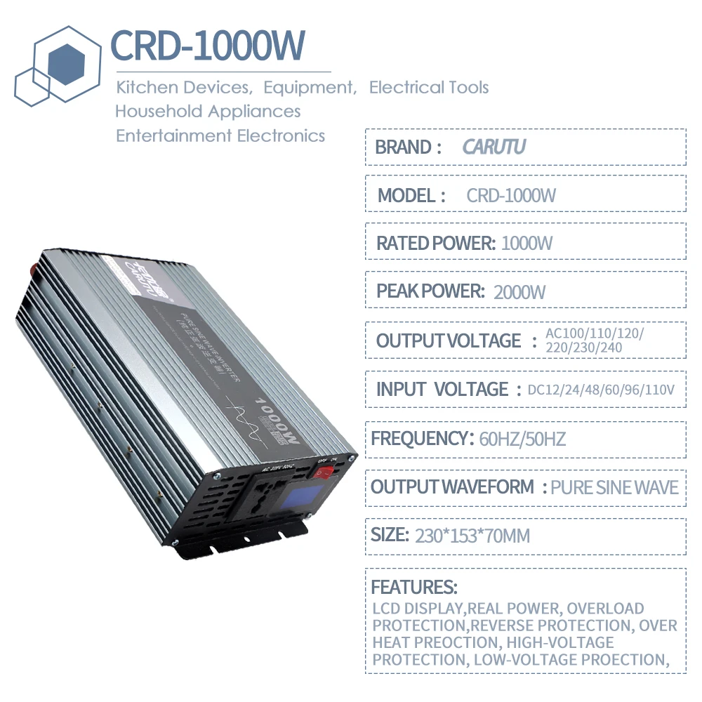 1Kw Car Pure Sine Wave 12V 24V 220V Home Inverter Portable Dc Ac Frequency Power Inverter 1000W