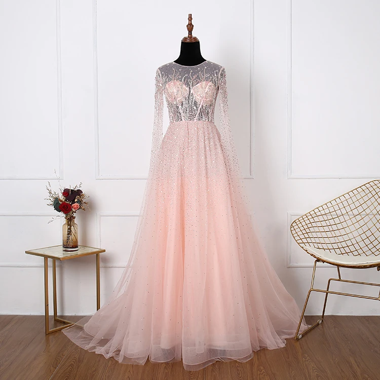 
New deisgn party occasion pink tulle beading evening gowns long sleeves formal gowns sequin evening dress 