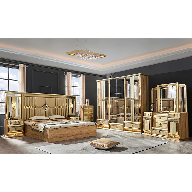 Wooden Modern Gold King Size Bed Double Master Room Villa Home Royal Full Queen Wood Luxury Bedroom Furniture Set