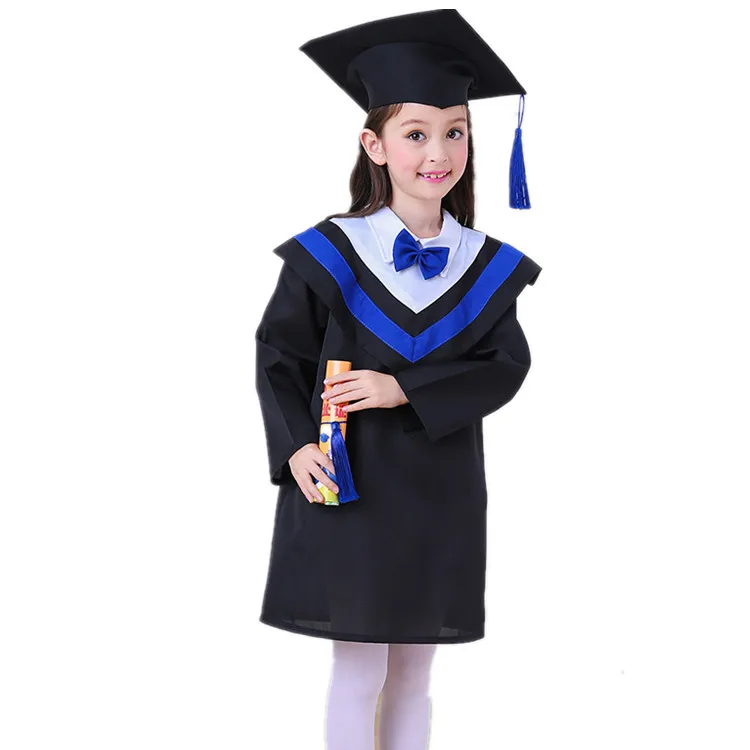 Polyester Kids Shinny Graduation Gown Cap And Hood  Long Sleeve Black Graduation Gowns Caps Set