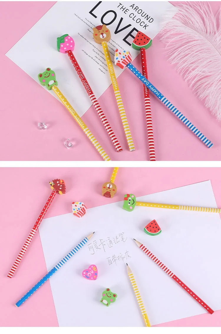 School Suppliers High Quality Stationery Gift Pens Smooth Writing Office Cartoon Pencil With Eraser Topper