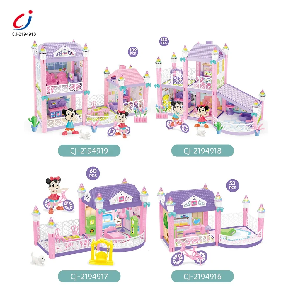 Kids play plastic hand-assembled building blocks sets diy miniature furniture doll villa house girls toys doll house with light