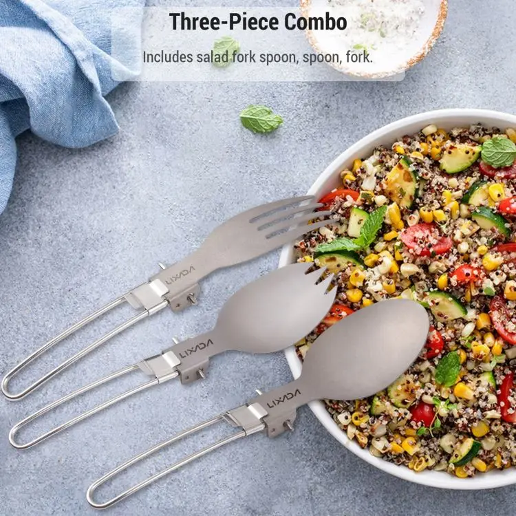Camping Spoon Fork Combo Ti Salad  Lightweight Compact Camping Utensils Stainless Steel and Ti Acid Alkali Resistant Corrosion-R