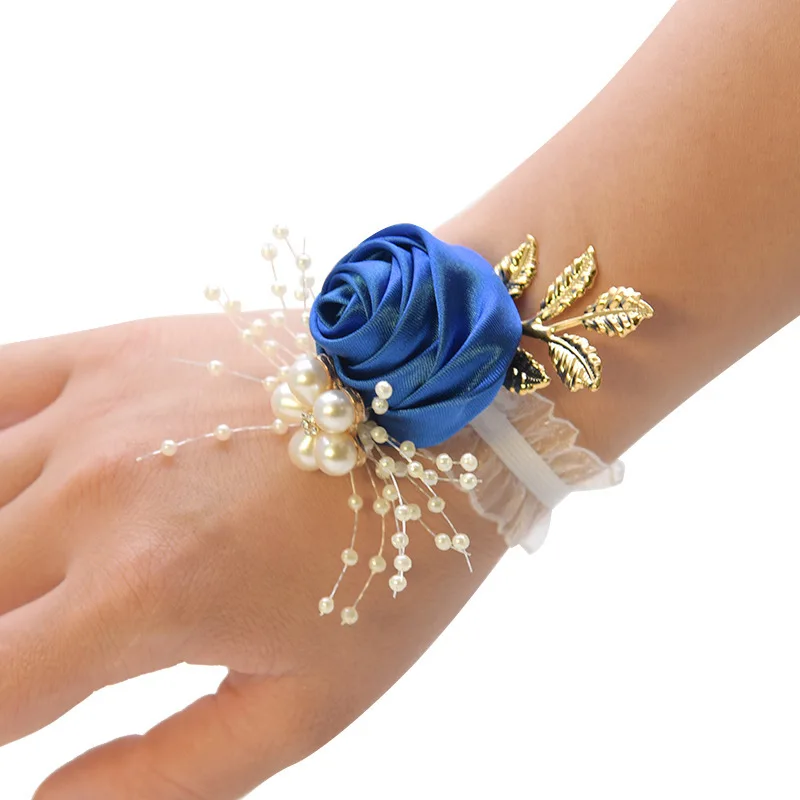 KS-102 Wedding Bridal Bridesmaid Silk Wrist Flower Corsage with Faux Pearl Bead Stretch Bracelet Wristband Gold Leaf