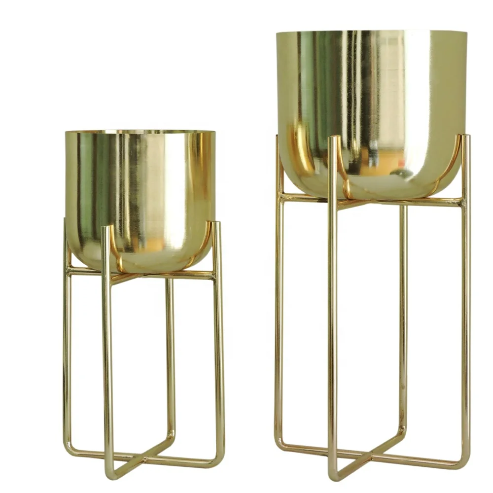 Round Gold Planter with Stand Indoor Planters Living Room Bedroom Hallway Decoration Planters & Pots