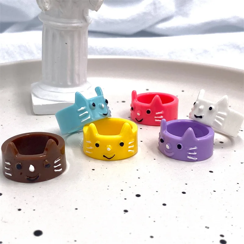 Cute Cats Kitten Resin Acrylic Ring Small Animal Cartoon Three-Dimensional Knuckle Ring Chunky Index Finger Joint Ring Women