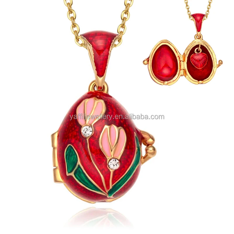 Tulip Lily Brass Vintage Egg Pendant Charm Crystal Rhinestone Necklace