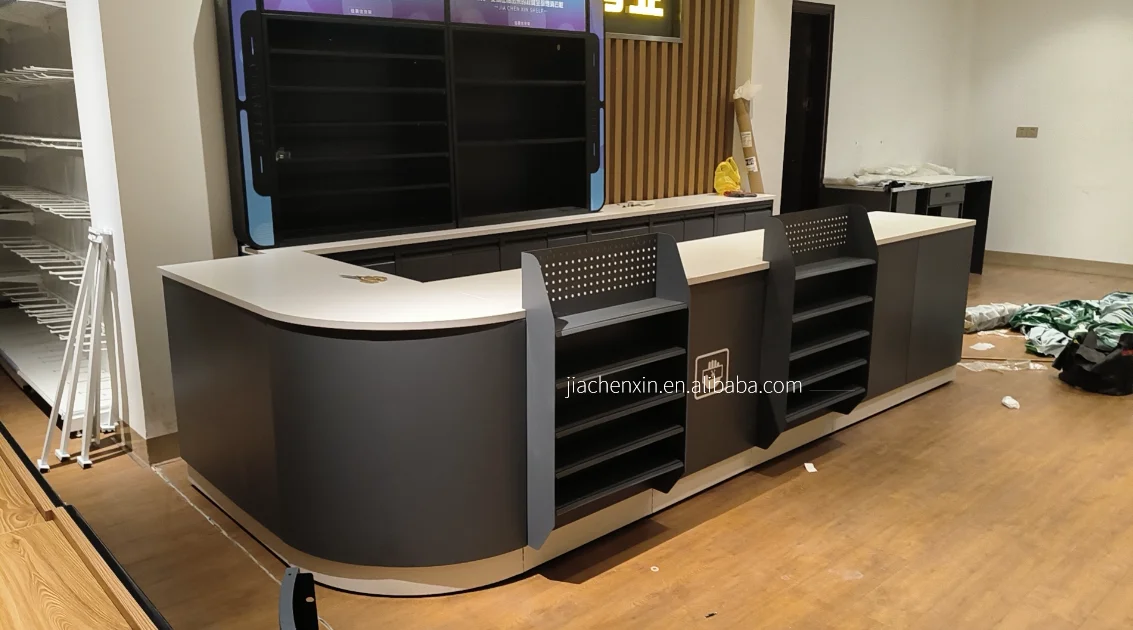 Customized Supermarket Checkout Counter Cash Counter Table Design Steel Cashier Convenient Store Check Out Counter