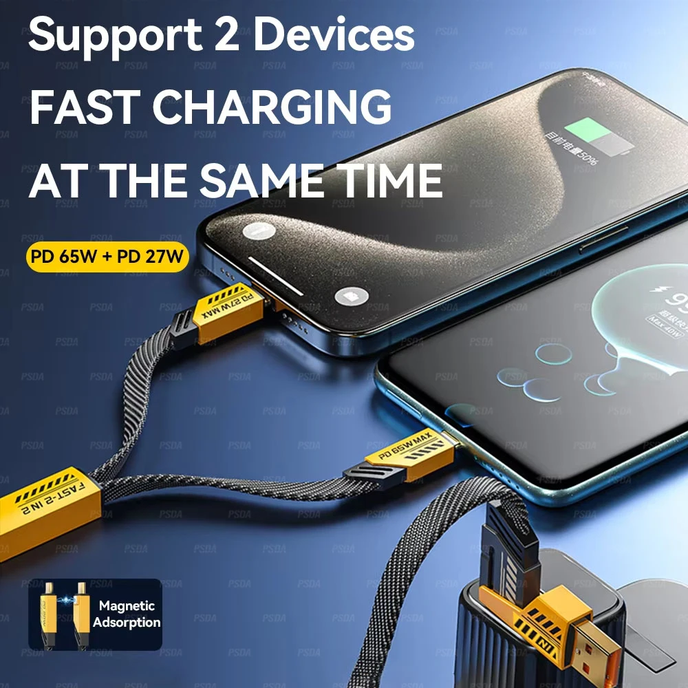OEM LOGO Mech Style 4-in-1 Cable USB A Type-C Dual Connector Nylon Braided PD 65W 27W Fast Charging for iPhone 16 Android