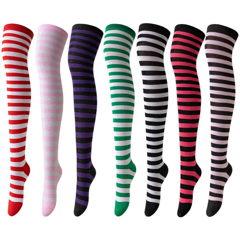 Women pure cotton cute Lolita cosplay warmer striped patterned colorful gift stocking over knee high thigh socks