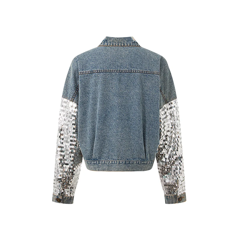 Fashionable Sexy Patchwork Womens Denim Jackets Shinny Outer Wear Sequins High Street Women Washed Denim Jacket
