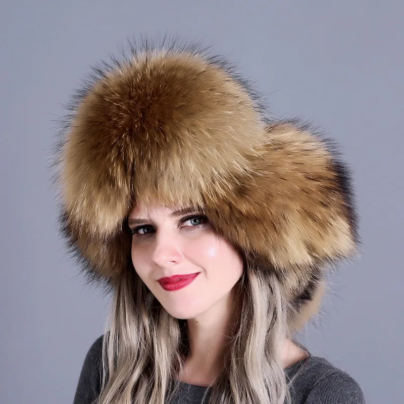 New Designer Fluffy Thick Fox Raccoon Fur Trim Winter Warm Earflap Russian Style Real Fur Buchket Trooper Hat