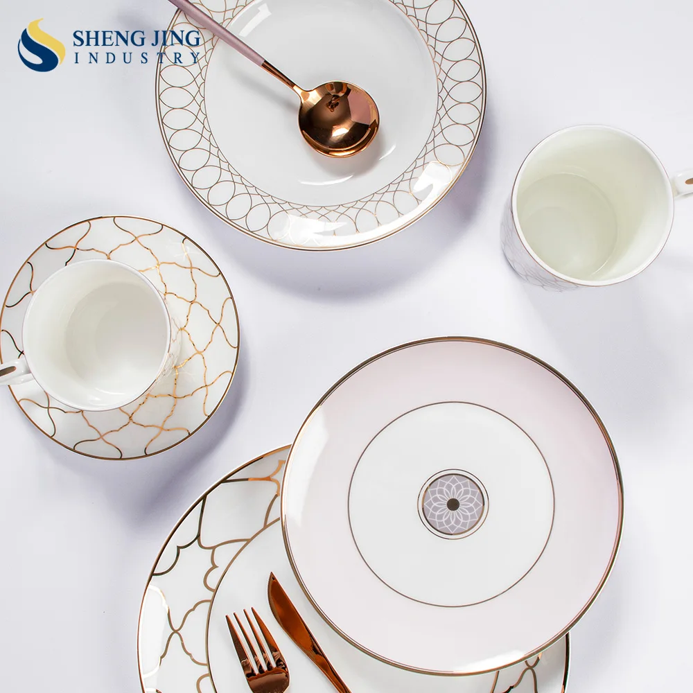 Wedding Wholesale Luxury Pink Gold Bone China Tableware Set Restaurant Gold Plate Coffee Cup Saucer Ceramic Mug Dinnerware Set