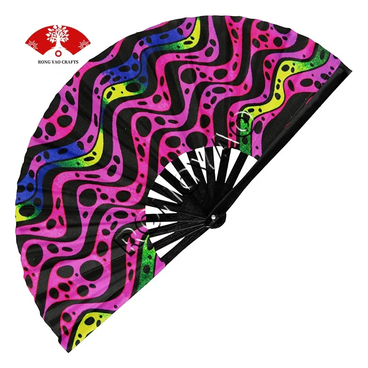 Custom Printed UV Reflective Large Clack Folding Bamboo Rave Decorative Hand Held Fans as Women Festivals Parties Accessories