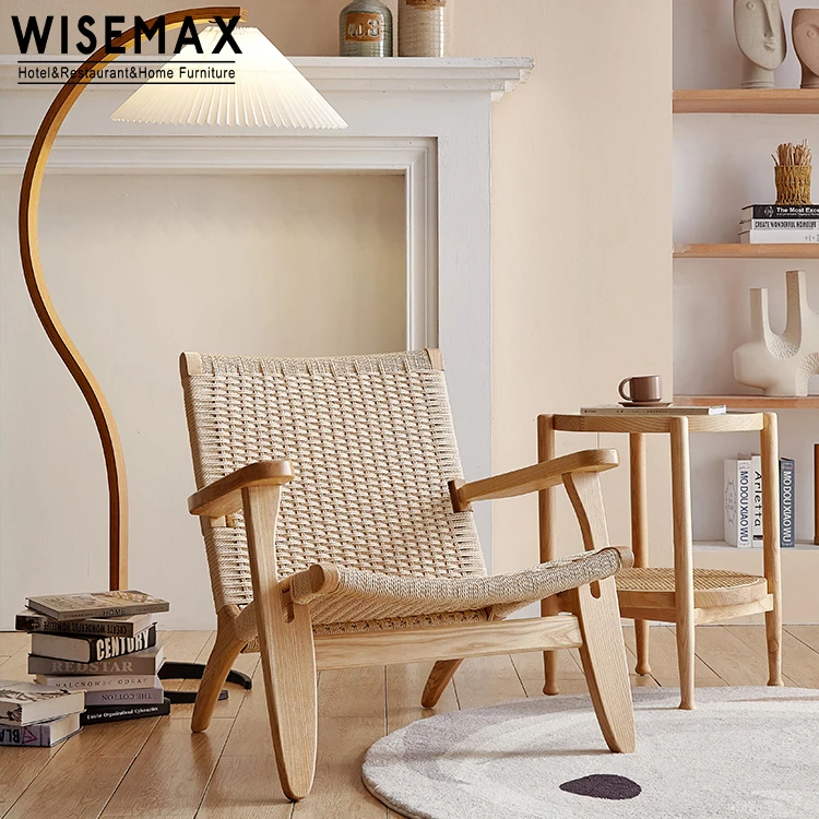 WISEMAX FURNITURE Nordic style wooden and rattan woven lounge chair armrest leisure chair for living room chair